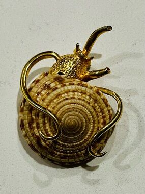 Vintage Shell Snail Brooch Gold Tone Coastal Art Pin